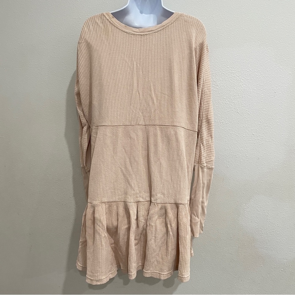Free People Beige Waffle Knit Henley Thermal Tiered Mini Dress Boho Long Sleeve - Picture 5 of 8